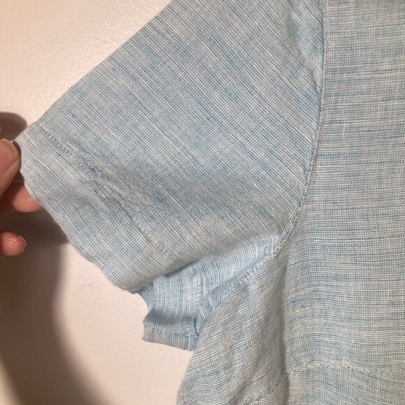 Womens Kim Rogers Linen Blend Button Shirt Short Sleeve Greenish S Blue White - Picture 4 of 8